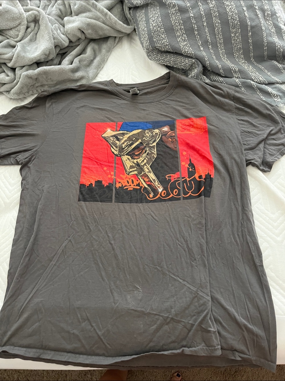 🎸2/$4o unisex  MF DOON Graphic Tee - Dark Gray with Red & Blue Artwork